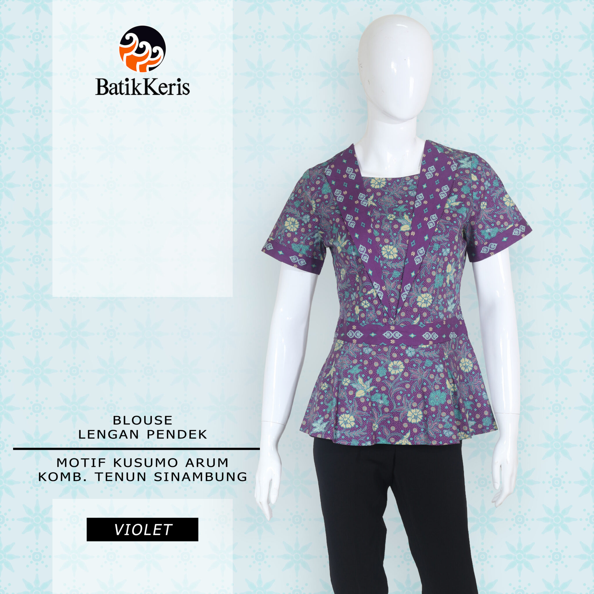 Blouse Batik Lengan Pendek Motif Kusumo Arum Kombinasi Tenun Sinambung - Batik Keris