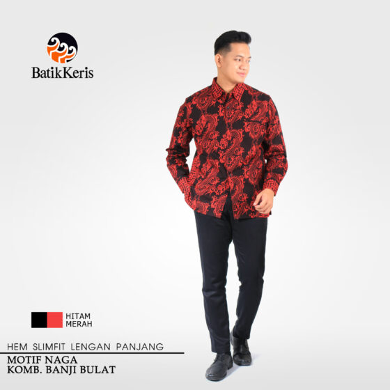 Kemeja Slimfit Batik Lengan Panjang Motif Naga Kombinasi Banji Bulat