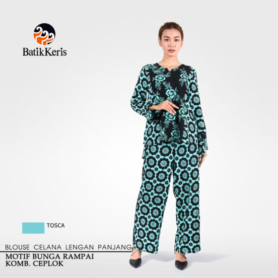 Blouse Celana Panjang Batik Lengan Panjang Motif Bunga Rampai Kombinasi Ceplok