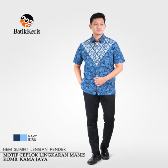Kemeja Slimfit Batik Lengan Pendek Motif Ceplok Lingkaran Manis Kombinasi Kama Jaya